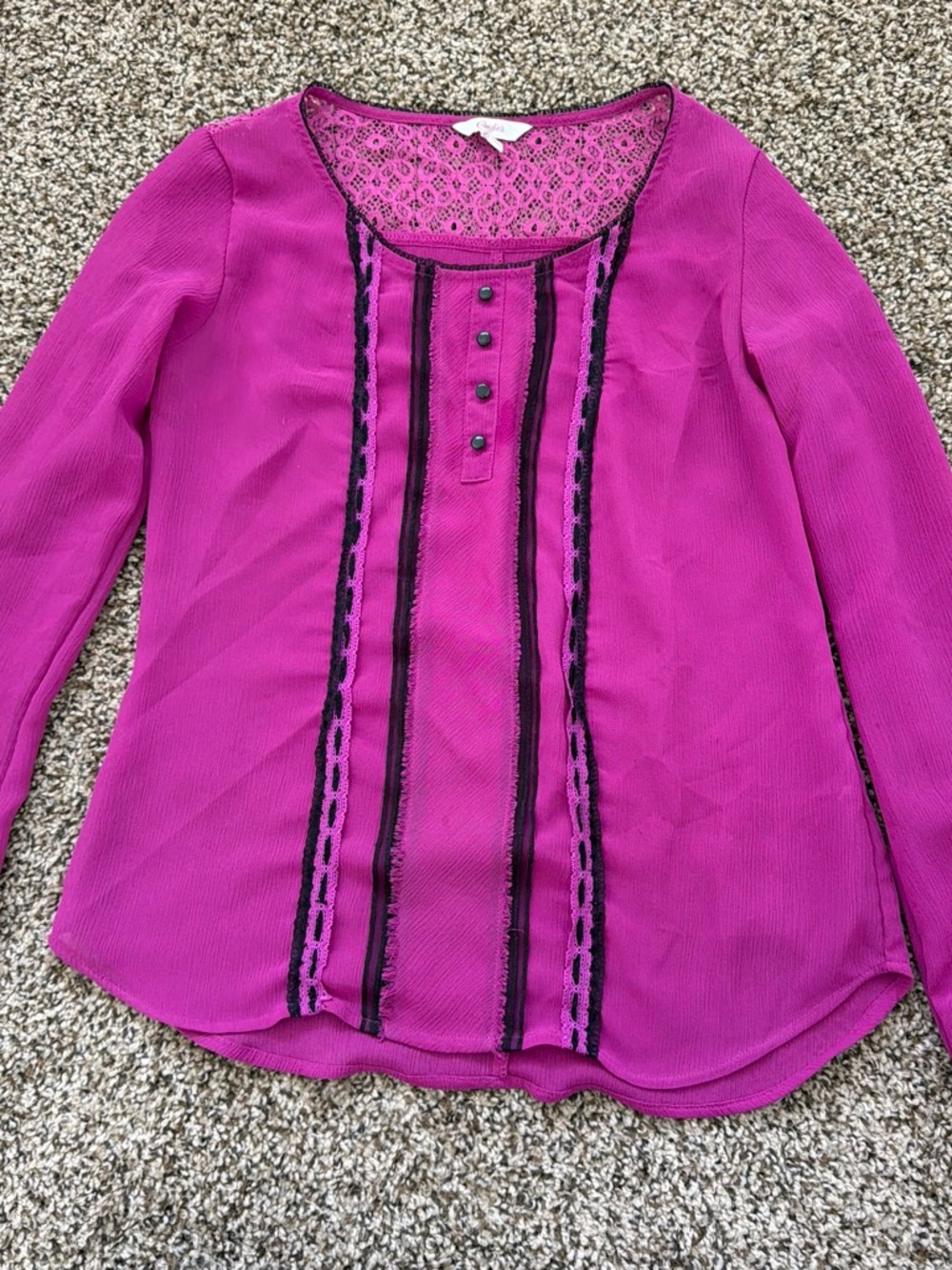 Candie's Fuchsia Long Sleeve Lace-Back Blouse with Trim